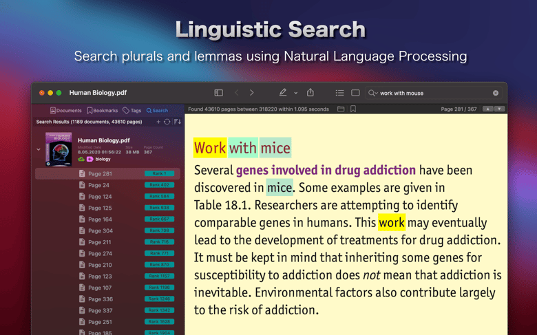 Linguistic Search. Search plurals and lemmas using Natural Language Processing