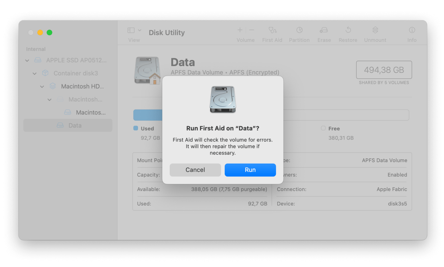 run first aid with disk utility 
