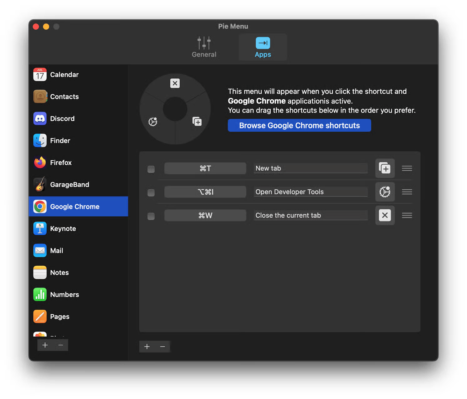 Pie Menu app window